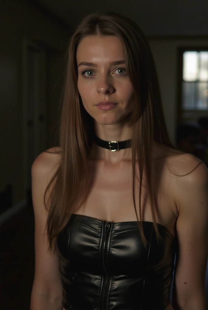 argentinian girl, (very young, adolescent), (curly ginger mullet, very small breasts, very skinny, nose ring), (black latex bodysuit, choker), (close shot, face shot, intimate camera, cinematic)