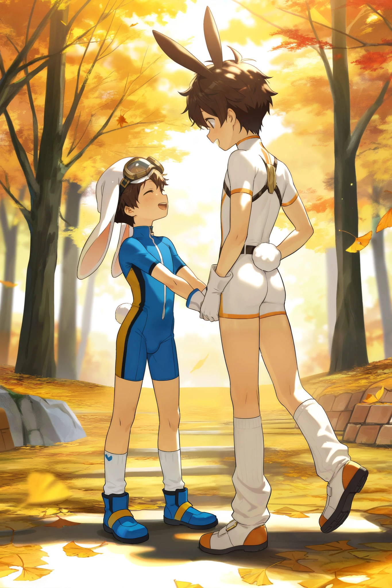a boy, short hair,Boy in a blue and white bodysuit,Standing,cute,A with brown hair in white cotton socks,Goggles,looped rabbit ears, masterpiece, best quality ,male focus, Shota,enjoy,autumn,Short sleeve,happy