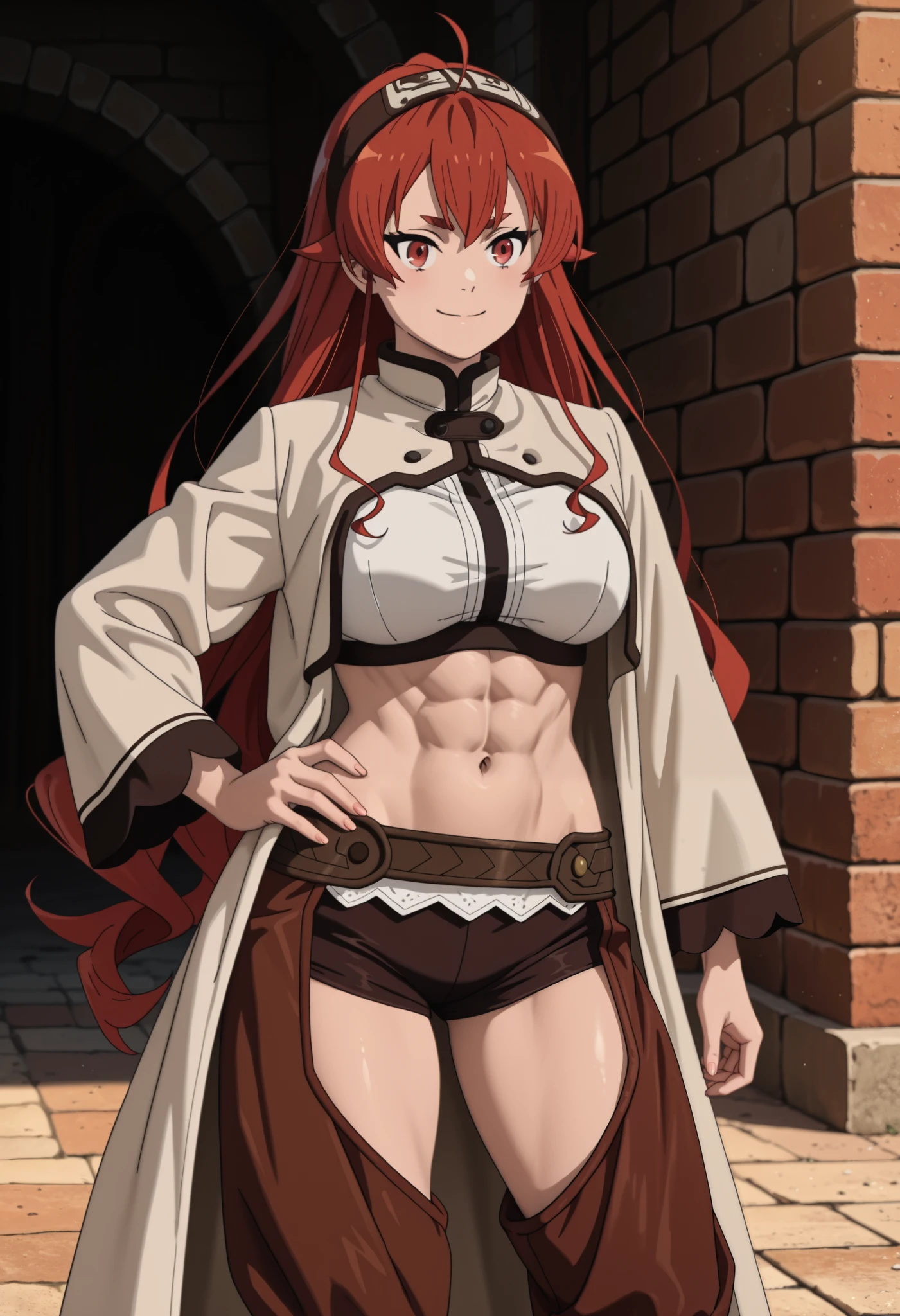Eris Greyrat,sysdeep_eris,best quality, highres, absurdres, masterpiece, Adult_Eris, 1girl, mature woman , tall girl,red_hair, solo, long_hair, breasts, large_breasts, red_eyes, brown_chaps, brown_shorts, navel, hairband, brown_coat_white_fur, midriff, hand_on_hip, inner_thighs, badass, smile, abs , animescan