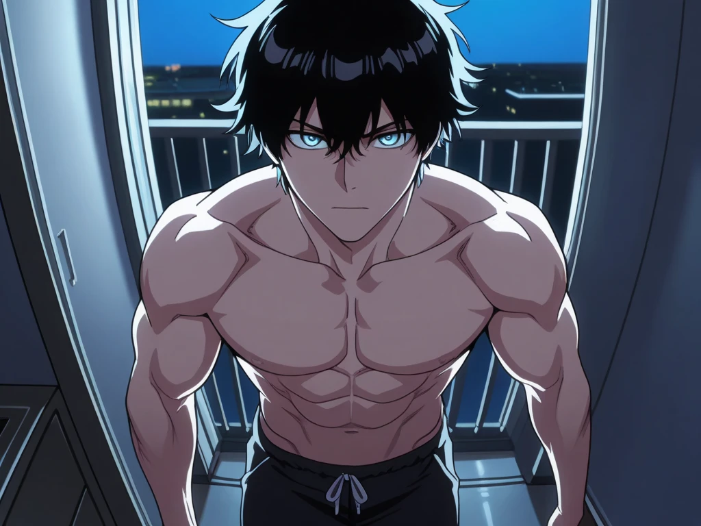 He is a 17 year old teenager, He has slightly disheveled very black hair..., somewhat light green eyes, (front angle ) , muscular body , He is dressed in the anime uniform. "my hero academia", without the shirt, just with boxer shorts