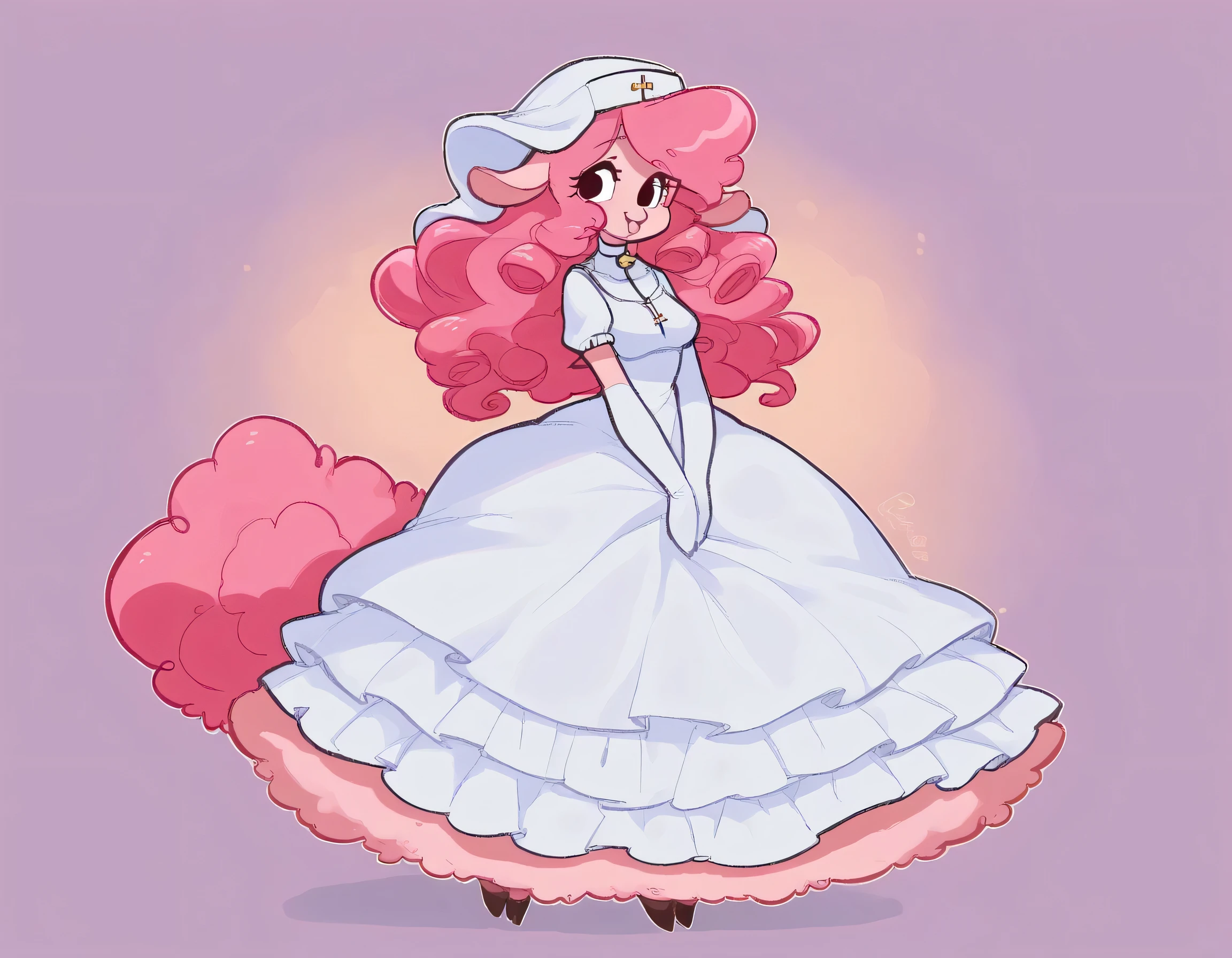 best quality, very detailed illustration , solo, ( Anthropomorphic furry sheep:1,7) , ruffled voluminous bouncy hair , playful look, delgado, ideal body, thin waist , wide hips, simple drawing, Artifyber style , pastel flat colors , beautiful, cartoon ,solo, short curly pink hair, nun outfit, long dress with frills, a smile, fluffy curly tail, sheep ears, bell collar, hooves, ram horns, princess