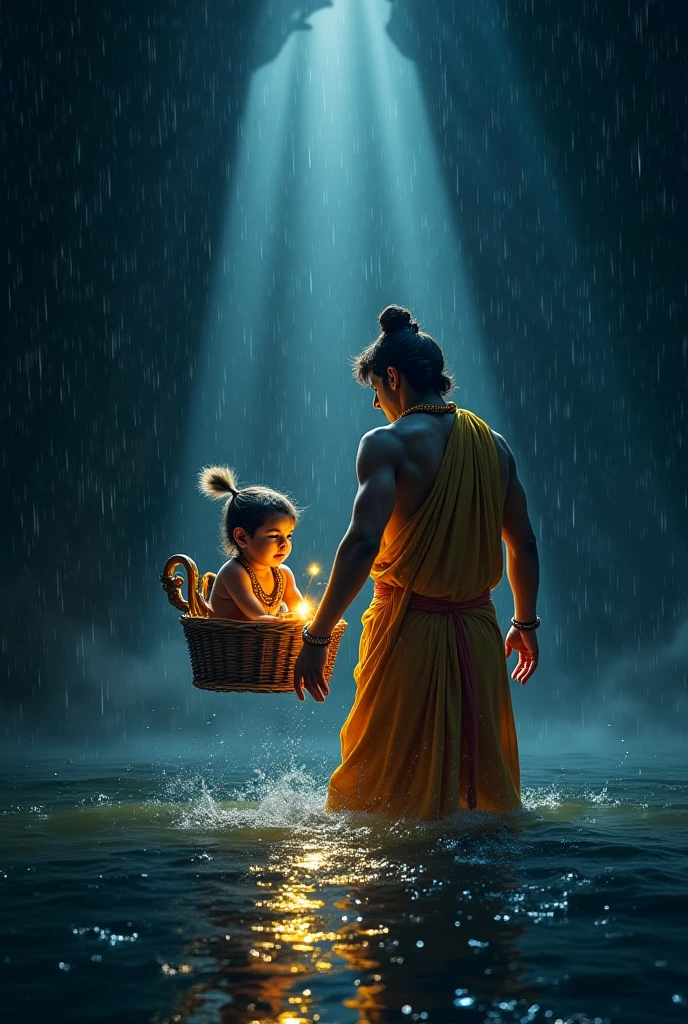 vasudewa taking baby lord krishna in his hand, under heavy rain in mathura