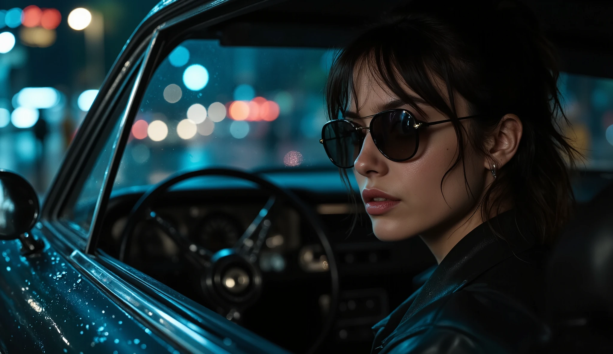 A cinematic portrait of a female fashion model with tousled hair and dark sunglasses sitting in a dimly lit car. The model has a calm, enigmatic expression. The soft, ambient light casts subtle shadows across her face, accentuating her mysterious aura. Reflections in the rain-streaked car window capture her mirrored image, adding depth and a surreal quality to the scene. Outside the window, blurry figures and raindrops enhance the sense of isolation and introspection. The atmosphere is moody and contemplative, evoking a timeless rock 'n' roll vibe.