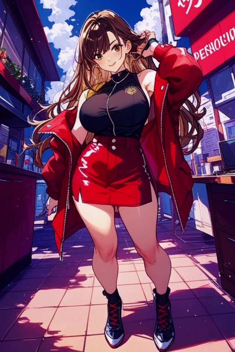((best quality)), ((Masterpiece)), (details), Yakuza Girl, big breasts, gang leader, suit, red hair, red eyes, long hair, short skirt, Shopping area, Crowded, at night, Threat, among subordinates,