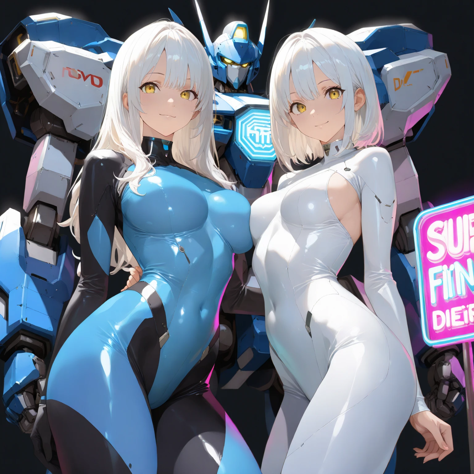 top-quality、masuter piece、covers、2girls、(White spacesuit)、(a blond):1.5、(Futuristic, Tight Fit Bodysuit)、head phone、Cyberpunk spaceship interior background、masterpiece、top-quality、