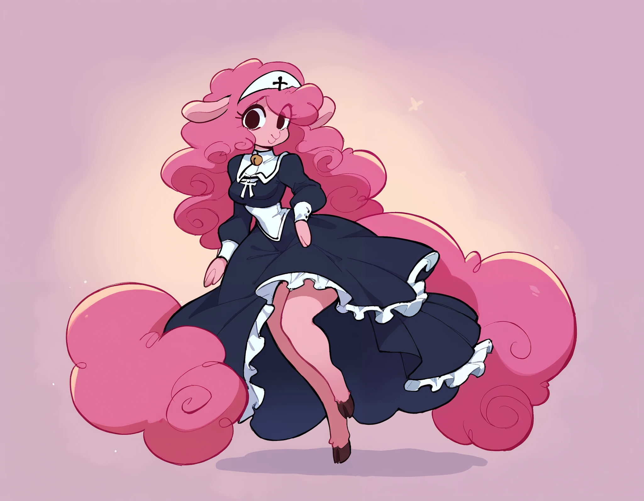 best quality, very detailed illustration , solo, ( Anthropomorphic furry sheep:1,7) , ruffled voluminous bouncy hair , playful look, delgado, ideal body, thin waist , wide hips, simple drawing, Artifyber style , pastel flat colors , beautiful, cartoon ,solo, short curly pink hair, nun outfit, long dress with frills, a smile, fluffy curly tail, sheep ears, bell collar, hooves, ram horns, princess