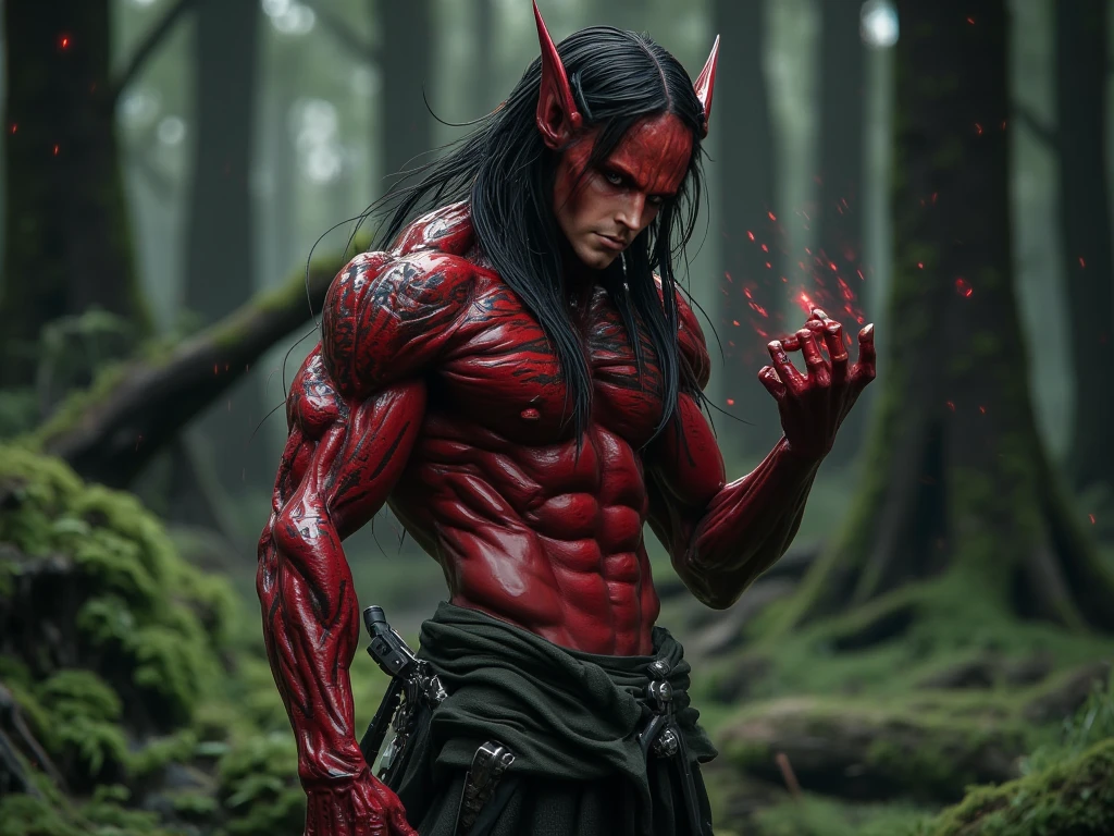 肌肉男. Cao Cao. beautiful  face. Asian appearance. long shoulder-length hair. red skinned. Chifres Pequenos. Black sclera eyes. Orange iris eyes.