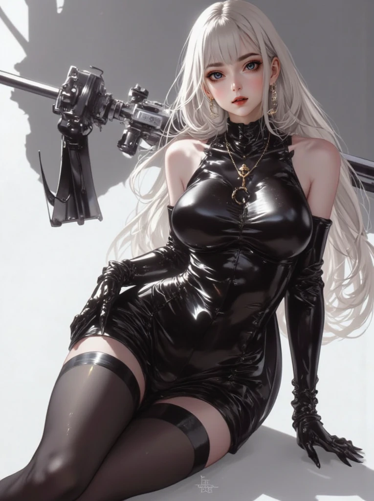 1girl, bangs, bare shoulders, black pants, breasts, breasts squeezed together, gray background, hair between eyes, huge breasts, long hair, looking at the audience, pants, lips apart, red eyes, shirt, simple background, sleeveless, sleeveless shirt, solo, turtleneck, v arms, white hair, realist, photorealistic, (shiny skin: 1.2)