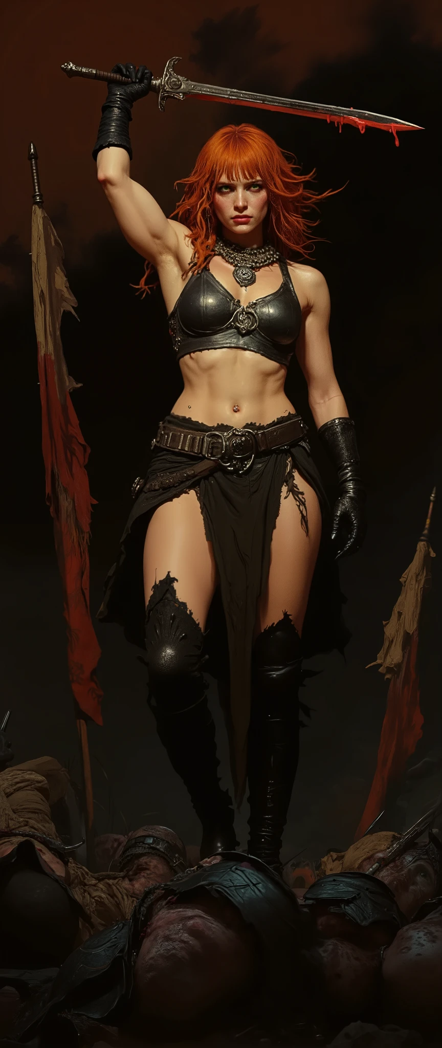 ((artwork, highest quality, Highest image quality, high resolution, photorealistic, CRU photo, 8k)),(best quality, 4k, high resolution, masterpiece: 1.2), ultra detailed, (realistic, photorealistic: 1.37), ray tracing. Best quality, masterpiece,Red Sonja stands with a stern look at the viewer. expression of pure hatred and rage on her face. screaming with uncontrolled fury after the battle. furious and rabid. Beautiful, beautiful woman, orange-red hair, very long, disheveled and ruffled hair that falls on her , detailed green eyes, long eyelashes, thick pink lips, wet lips. Dressed as red sonja, with a top with metal rings, top and thong made with chain mail. Metal ring top and thong, sexy top and thong, black distressed leather knee high riding boots, big , long black leather gloves, narrow waist, normal hips, shapely legs, sun tanned skin. abdomen shown. Red Sonja stands on a mound, below her feet is full of enemy soldiers in epic fantasy medieval armor, triangle stacker, arrows stuck in the s of dead soldiers, in the background frayed banners wave in the wind. she stands on top of the s. the mound is covered with hundreds of bodies of soldiers defeated by Red Sonja. Epic battle scene. Red Sonja wields a mystical and powerful sword with runes on its blade, the sword is covered in the blood of her enemies, blood drips from the edge of the sword, she raises her arm with the sword held in her hand above her head in a sign of victory and power. Red Sonja is covered in blood, blood on her face and body. The sky is tinged with red and black. This is an epic scene of Red Sonja's victory over many enemy medieval soldiers. A bloody and violent sword and sorcery scene. Epic fantasy.