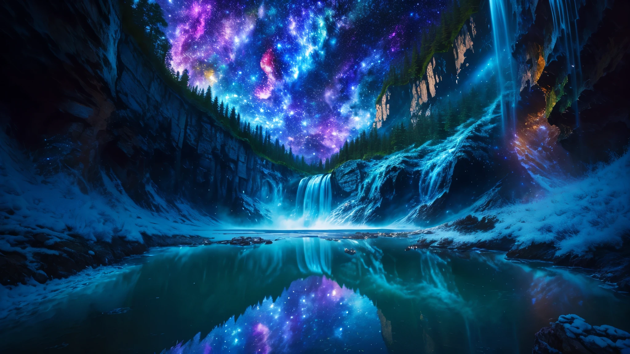 Majestic Atmosphere ,Vast Sky,( very beautiful artistic watercolor painting ), beautiful nature ,Very big and beautiful sky,\(( very elaborate and beautiful galaxy reflection:1.4)\),(many waterfalls lined up),Lots of Flow,Glowing moss ,shining rock face,fantasy,twinkling mystical light ,reflection, quality\(8k, very detailed傑作, high resolution,top- quality,super real for instructions, increase resolution , RAW photo ,beste quality, very detailed \)