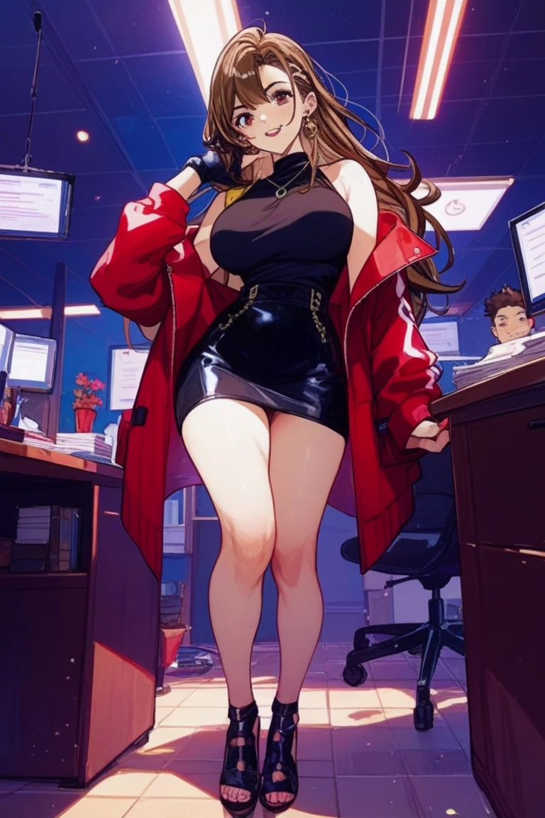 Bewitching anime girl in blue suit and tight skirt、Black tights,Inviting look、Show off your chest、Shirt and brown hair,Ecchi anime style,  bending forward,Kamimei,Red Light District at Night,neons