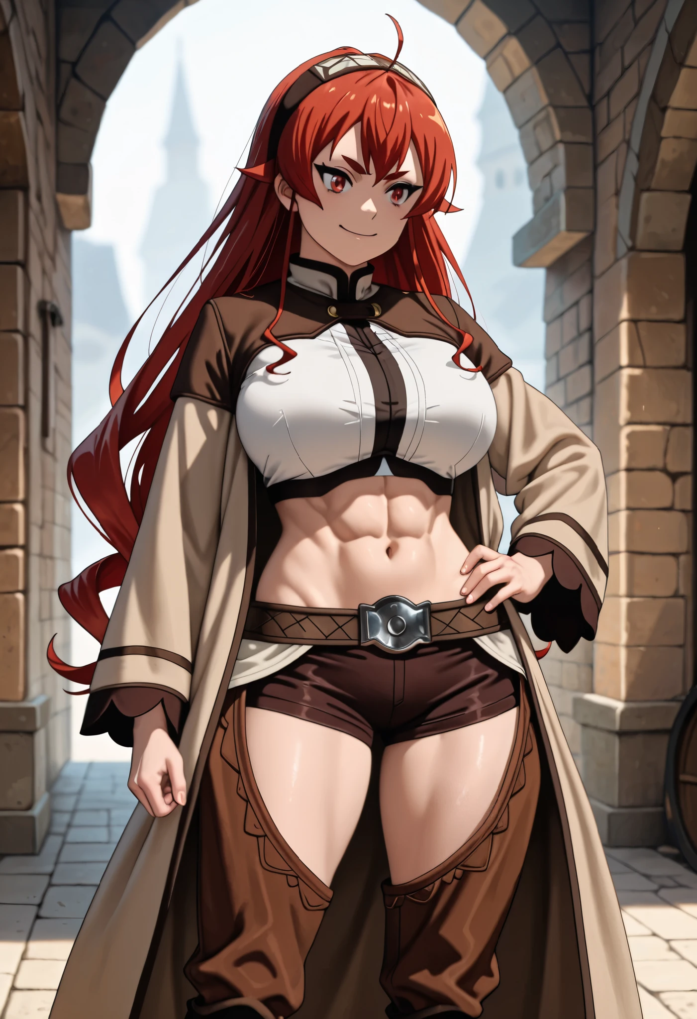 Eris Greyrat,sysdeep_eris,best quality, highres, absurdres, masterpiece, Adult_Eris, 1girl, mature woman , tall girl,red_hair, solo, long_hair, breasts, a huge_breasts, red_eyes, brown_chaps, brown_shorts, navel, hairband, brown_coat_white_fur, midriff, hand_on_hip, inner_thighs, badass, smile, abs , animescan