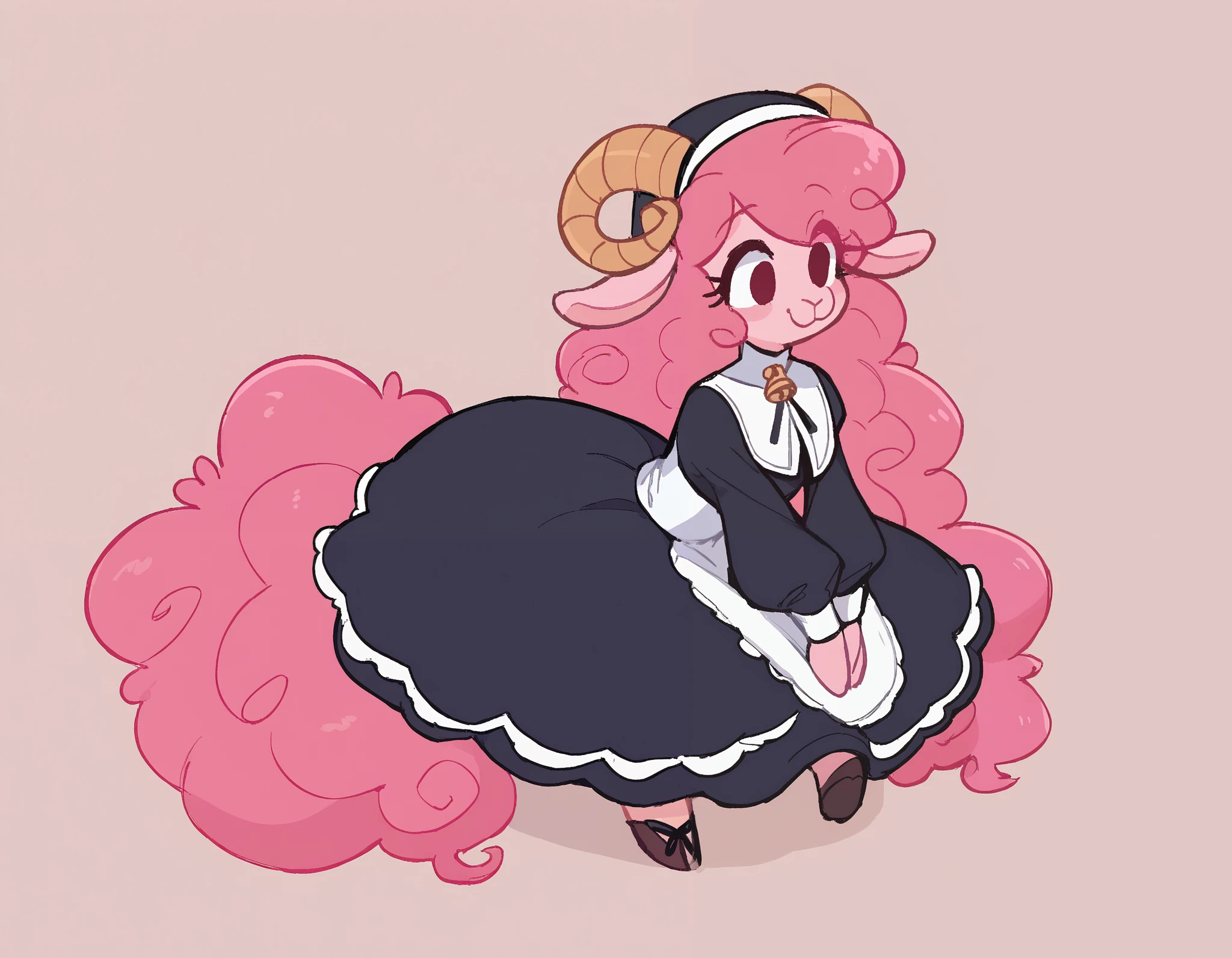 best quality, very detailed illustration , solo, ( Anthropomorphic furry sheep:1,7) , ruffled voluminous bouncy hair , playful look, delgado, ideal body, thin waist , wide hips, simple drawing, Artifyber style , pastel flat colors , beautiful, cartoon ,solo, short curly pink hair, nun outfit, long dress with frills, a smile, fluffy curly tail, sheep ears, bell collar, hooves, ram horns, princess
