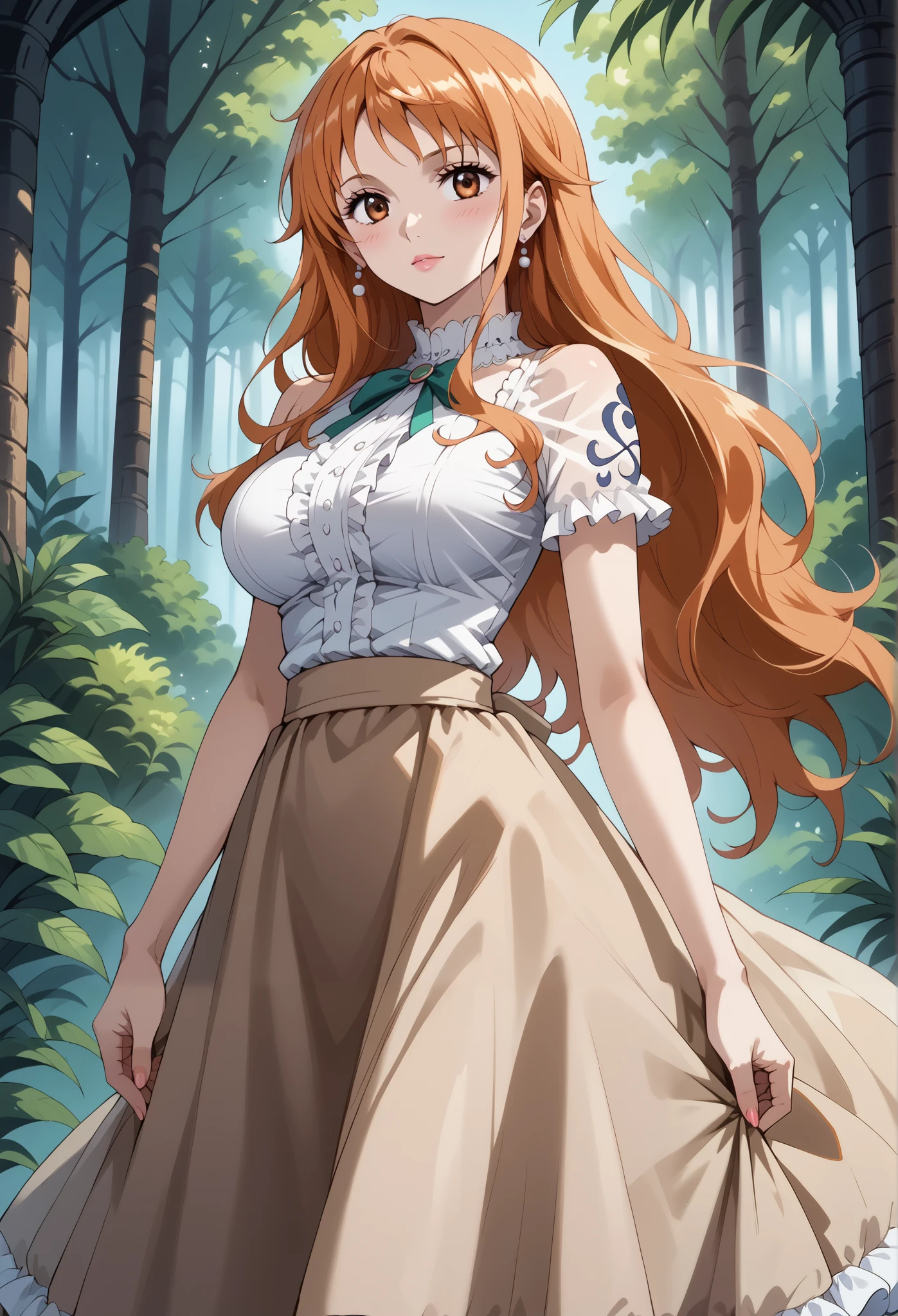 score_9, score_8_up, score_7_up, source_anime, 4K,perfect fingers,(perfect hands, perfect anatomy),prefect lighting, very aesthetic, intricate details,highly detailed background, masterpiece, high quality, best quality,
1girl,solo,onepiecenami, nami, long hair, orange hair, brown eyes, large breasts,,
wearing ((casual dress,frills,ornate clothing, )),,
forest,