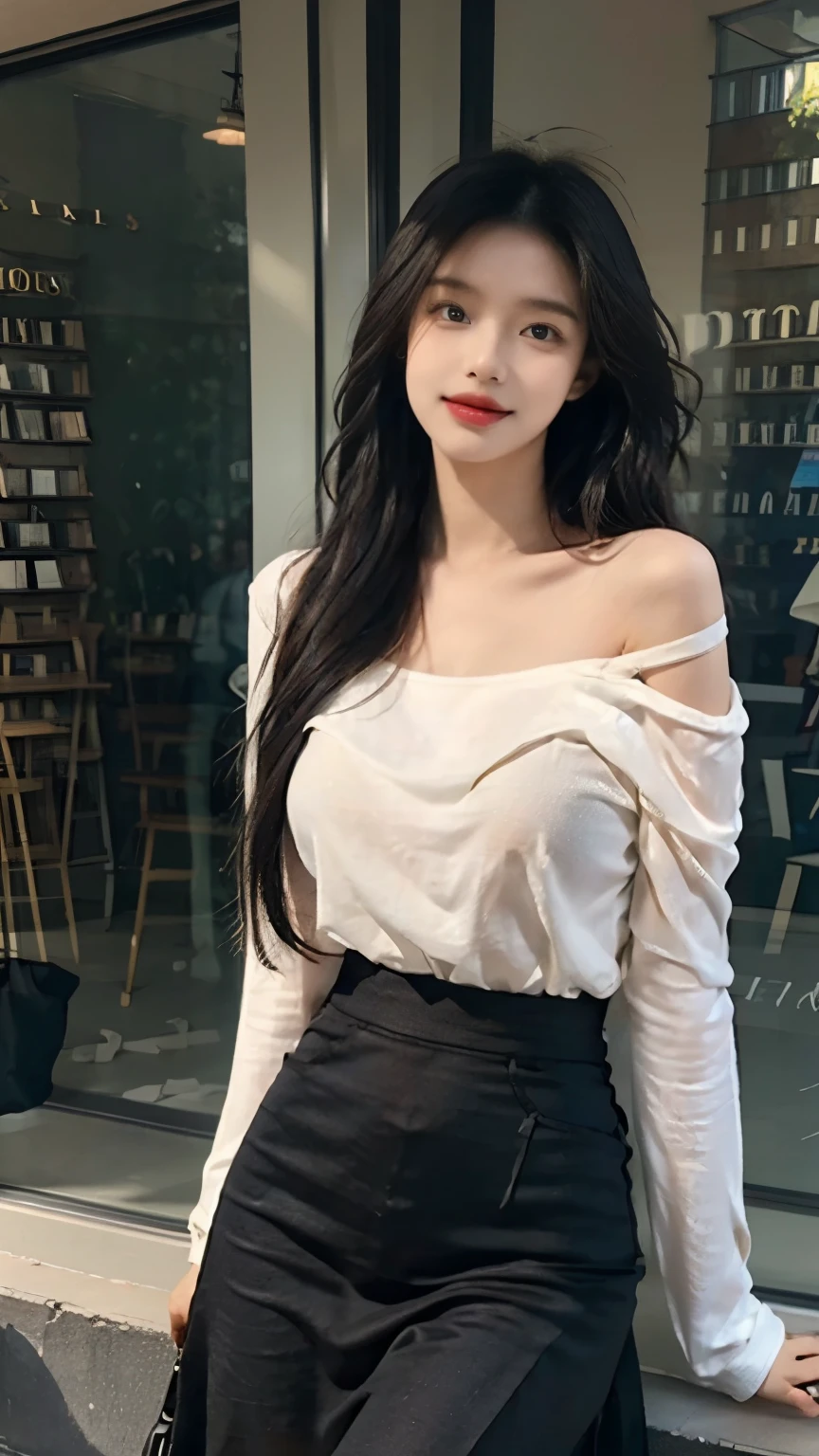 (1 Korean star with royal sister style), ((best quality, 8k, masterpiece: 1.3)), focus: 1.2, perfect body beauty: 1.4, (city street: 1.3), highly detailed face and skin texture, fine eyes, double eyelids, whitened skin, (air bangs: 1.3), (round face: 1.5), (slim skirt: 1.4),