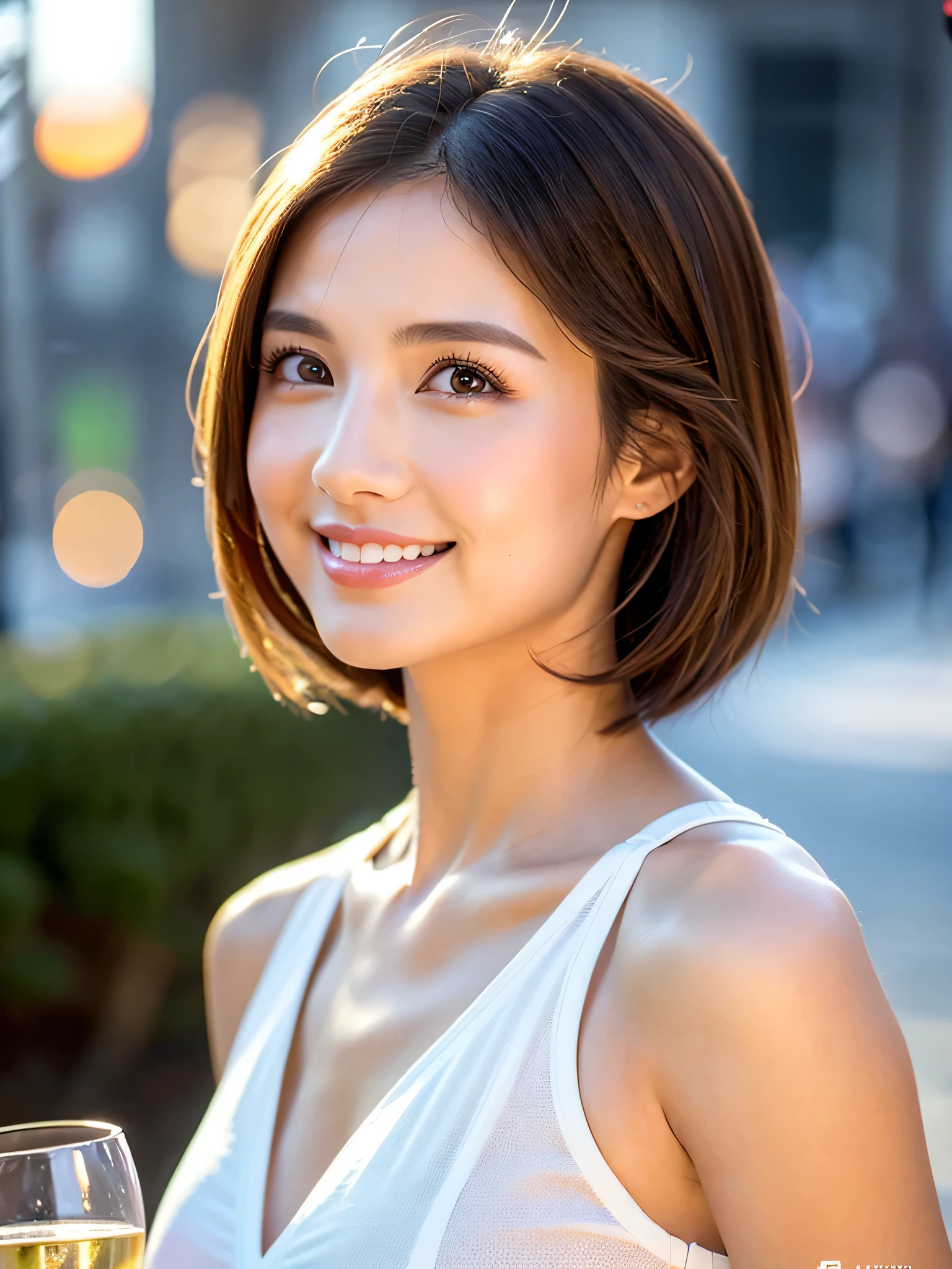 ((masterpiece)), ((Highest quality)), ((Complex)), ((Surreal)), (Realistic), (Mature Woman), ((There are no classes)), Very detailed, (1 female), Beautiful and exquisite, (Beautiful Teeth), Grin, Brunette Bob Hair, Brown eyes, ((blouse)), (Upper Body), (background:none), Perfect Eyes, Captivating eyes, Looking at the audience