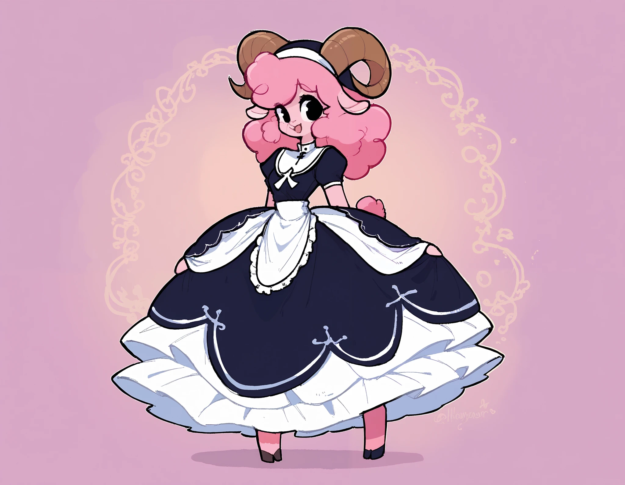 best quality, very detailed illustration , solo, ( Anthropomorphic furry sheep:1,7) , ruffled voluminous bouncy hair , playful look, delgado, ideal body, thin waist , wide hips, simple drawing, Artifyber style , pastel flat colors , beautiful, cartoon ,solo, short curly pink hair, nun outfit, long dress with frills, a smile, fluffy curly tail, sheep ears, bell collar, hooves, ram horns, princess