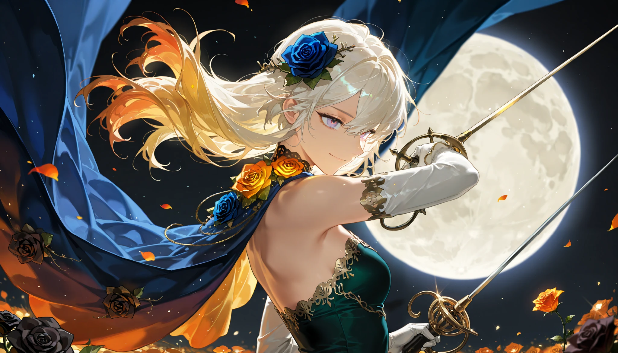 by [arknights|(748cmstyle:0.5)], mature, young adult, masterpiece, best quality, amazing quality, very aesthetic, high resolution, ultra-detailed, absurdres,
1girl, woman, solo, alone,(side eye, dynamic pose, upper body focus,from side, medium shot:1.2), dramatic pose, moon phases with roses, purple blue gradient eyes, multicolor eyes, blonde hair, white hair, (accent color gold, accent color orange, accent color emerald green:1.2), fantasy attire, flowing fabric, white clothes with gold trim and green accents, soft expression, soft smirk, (moon shaped rose flower, lunar rose, moon rose:1.4), short shoulder cape, french royalty, wardressing, warclothes, warrior, wielding a silver rapier, magical rapier, skirmisher, white gloves, flower cape,
BREAK, depth of field, volumetric lighting
 