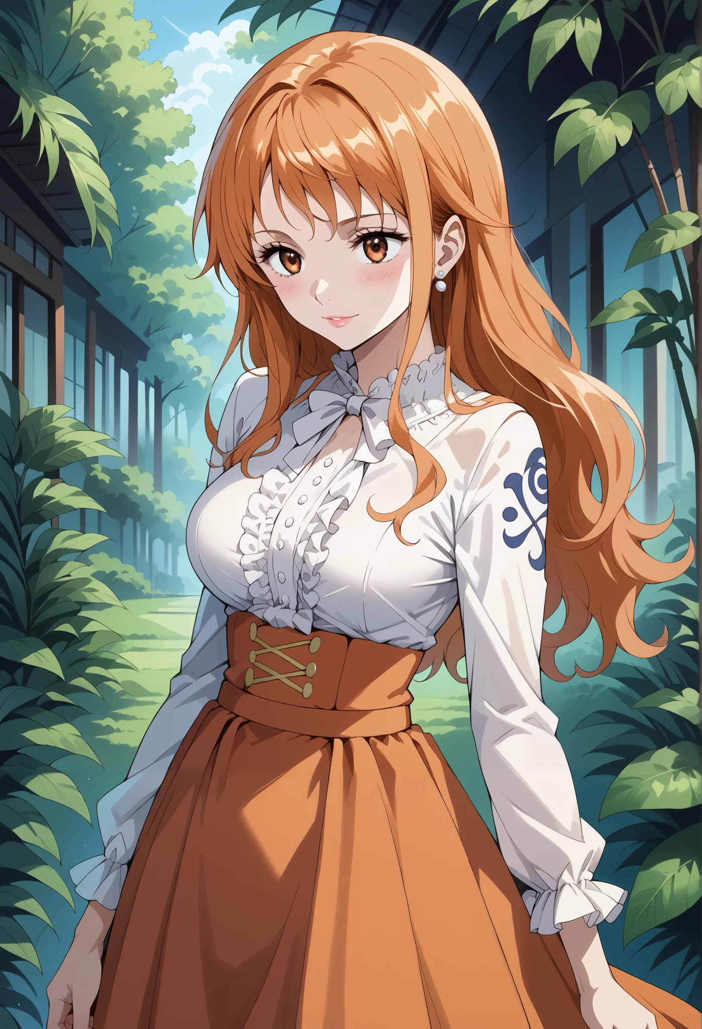 score_9, score_8_up, score_7_up, source_anime, 4K,perfect fingers,(perfect hands, perfect anatomy),prefect lighting, very aesthetic, intricate details,highly detailed background, masterpiece, high quality, best quality,
1girl,solo,onepiecenami, nami, long hair, orange hair, brown eyes, large breasts,,
wearing ((casual dress,frills,ornate clothing, )),,
forest, sakura,