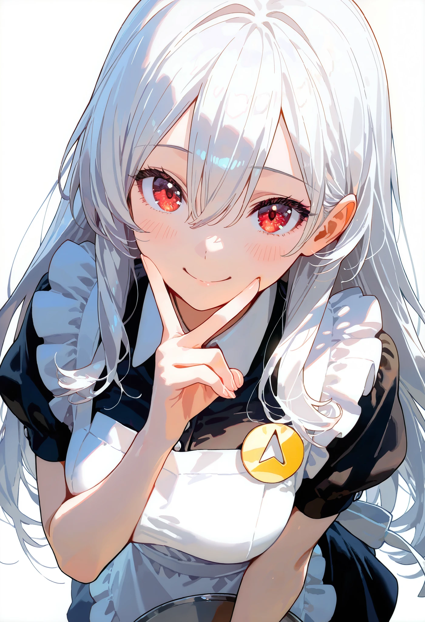 masterpiece, best quality, woman, smiling, making a peace sign, looking at viewer, long hair, hair between eyes, white hair, red eyes, white background, upper body, apron, waitress, from above
