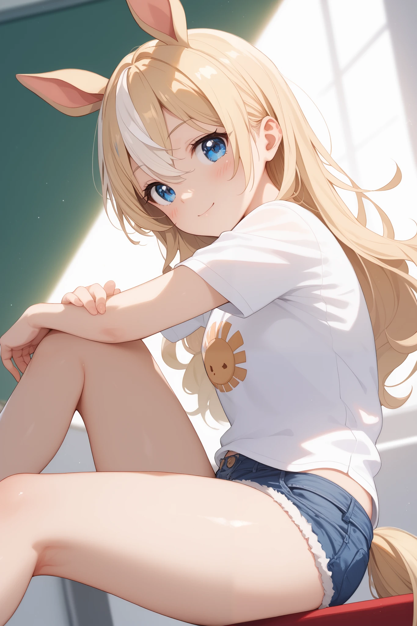 horse tail, long hair, streaked hair, blonde hair, white hair, hair between eyes, animal ears, ear ornament, blue eyes,1 bashful girl, Alone, anime style,cute girl,best quality, super detailed, anime style,8k, high resolution, detailed face, Upgraded images of characters,((Embarrassed Face )),(On the racecourse lawn),(( Gymnastics Sitting)),((Black short-sleeved shirt)),((white mini denim shorts))(An upshot from the thigh),Image viewed from the side at an angle,Shiny, smooth thighs,morning,Dazzling Sunlight