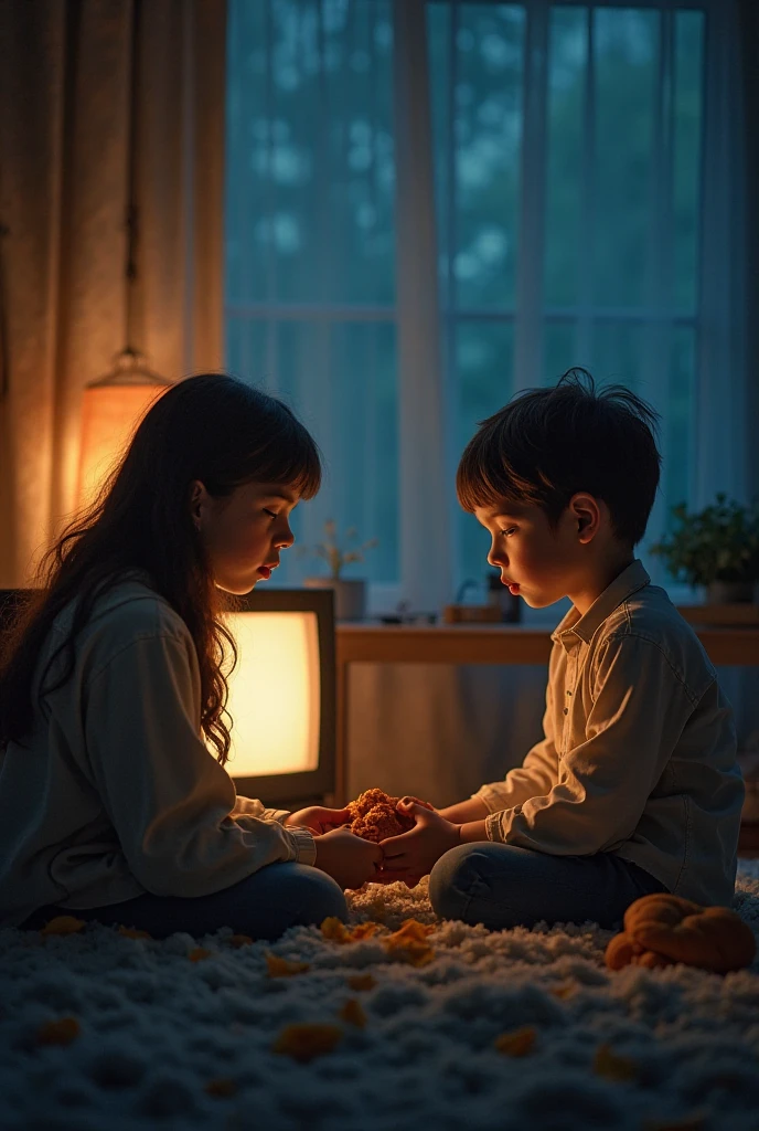A dimly lit room where a young boy is sitting alone on a chair or the floor, looking sad and downcast. His parents are beside him, trying to console or advise him, their expressions showing concern and care. The room should be mostly dark, with minimal light—perhaps coming from a small lamp or a window, creating a subdued and intimate atmosphere. The light should gently illuminate the boy and his parents, emphasizing the emotional support they are providing in the quiet, dark room.
