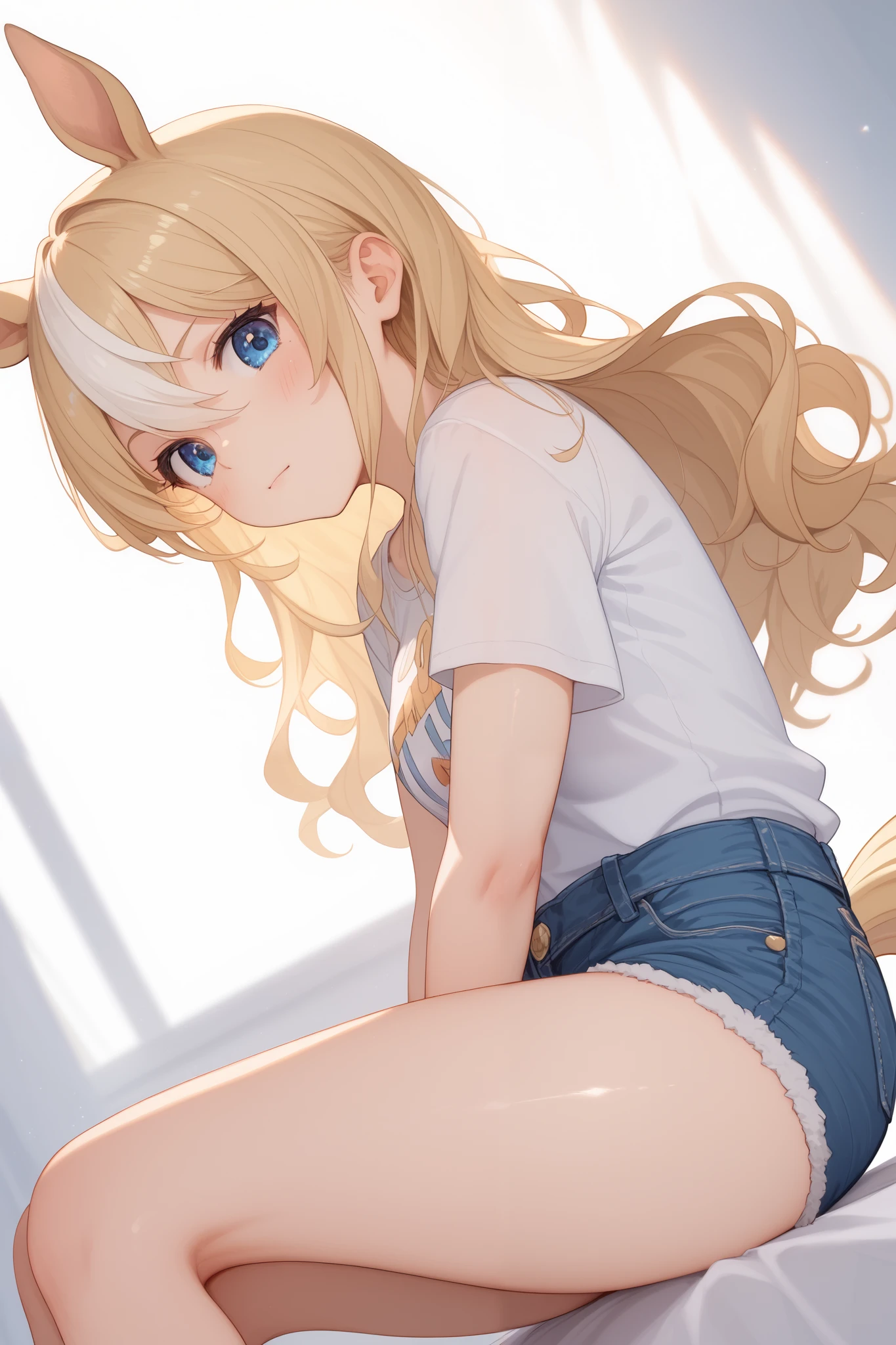 horse tail, long hair, streaked hair, blonde hair, white hair, hair between eyes, animal ears, ear ornament, blue eyes,1 bashful girl, Alone, anime style,cute girl,best quality, super detailed, anime style,8k, high resolution, detailed face, Upgraded images of characters,((Embarrassed Face )),(On the racecourse lawn),(( Gymnastics Sitting)),((Black short-sleeved shirt)),((white mini denim shorts))(An upshot from the thigh),Image viewed from the side at an angle,Shiny, smooth thighs,morning,Dazzling Sunlight