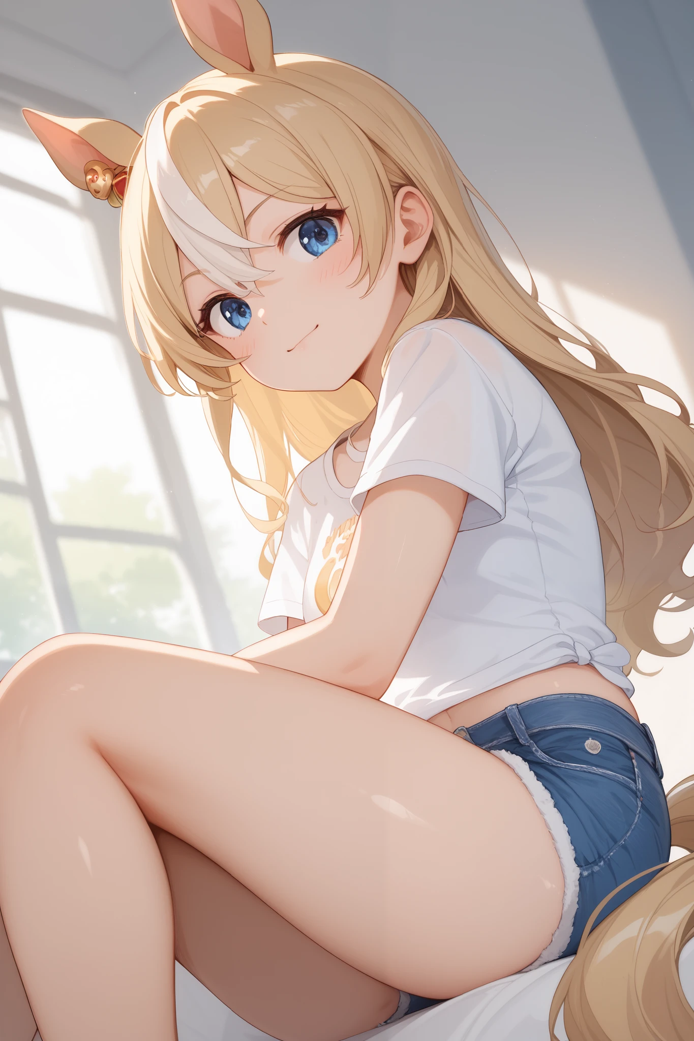 horse tail, long hair, streaked hair, blonde hair, white hair, hair between eyes, animal ears, ear ornament, blue eyes,1 bashful girl, Alone, anime style,cute girl,best quality, super detailed, anime style,8k, high resolution, detailed face, Upgraded images of characters,((Embarrassed Face )),(On the racecourse lawn),(( Gymnastics Sitting)),((Black short-sleeved shirt)),((white mini denim shorts))(An upshot from the thigh),Image viewed from the side at an angle,Shiny, smooth thighs,morning,Dazzling Sunlight