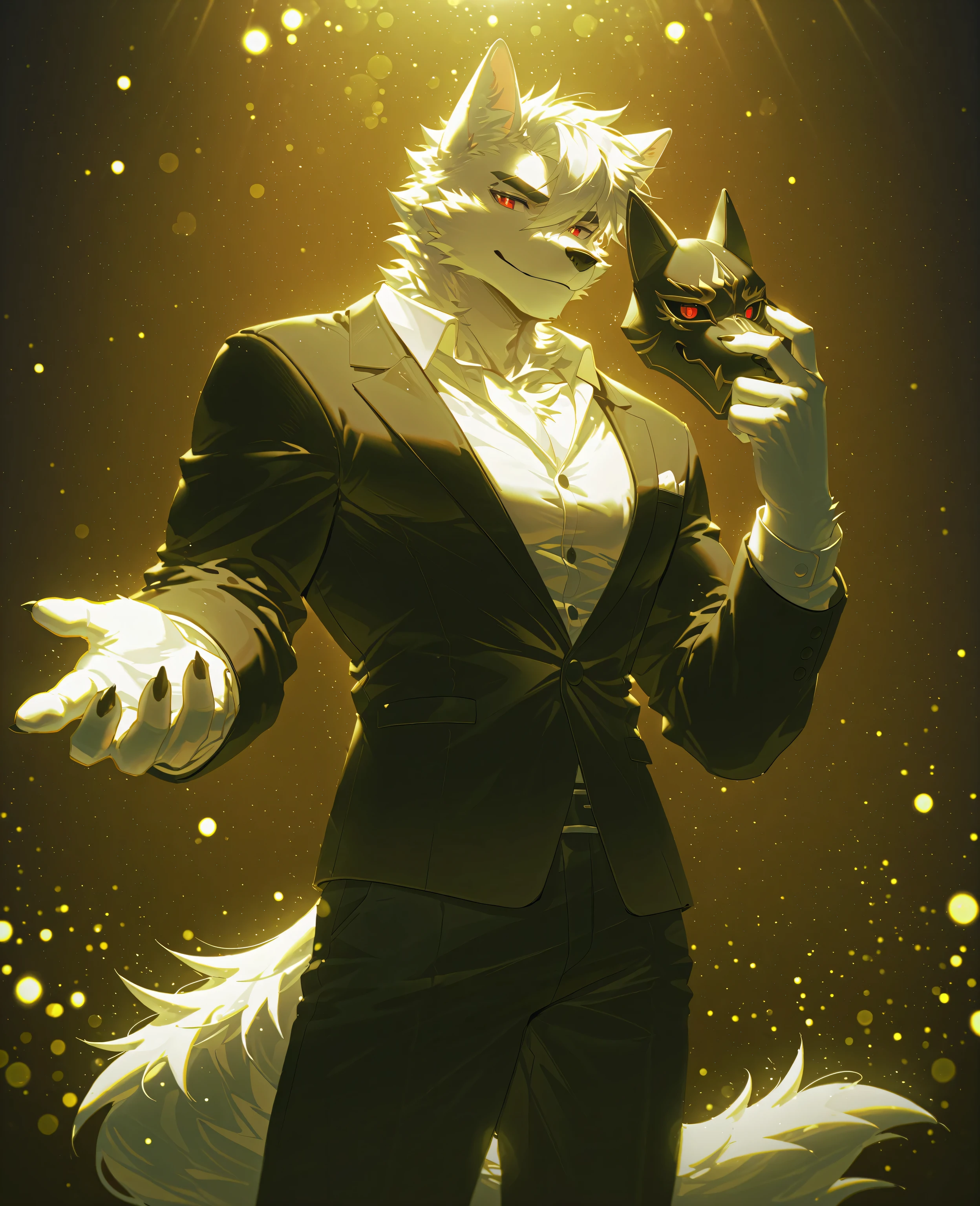sfw,masterpiece,UHD,solo:1.5,highres,best quality,anatomically correct,furry male,(wolf),collarbone,(white fur:1.1,),white hair,short hair,black eyebrow,(detailed eyes,scarlet eyes,detailed pupils,beautiful eyes),snout,animal ears,wolf ears,absurdres,shapely,handsome, wolf tail,cowboy_shot,(slender muscle:0.8),(black tuxedo,white collared_shirt,black pants,),(5 fingers:1.1),(merciless face,light smile,disdain,),standing,holding a bloody mask in left hand,(in empty theater,standing on empty stage,alone),ray tracing,looking_at_viewer,from_side:1.3,(dim light:1.2,dramatic contrast),bokeh,simple background,Tyndall effect,blues_hour_lighting,break,((lindong:0.8),(by null-ghost:0.8),huashijw,(asteroid_ill:0.8),(smile \(qd4nsvik\):0.9),(wolftapioca:0.5),(chunie:0.2),konya karasue,cg,highres)),sfw