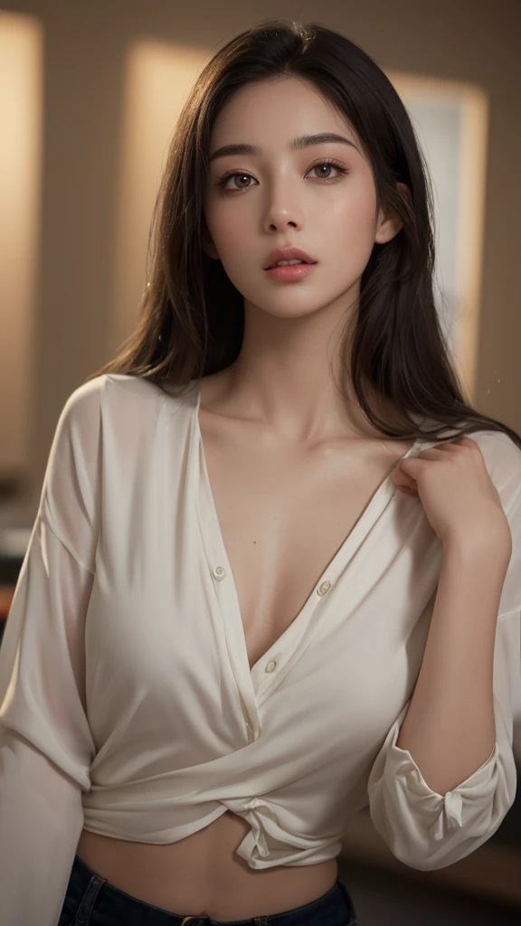 1girl, 独奏, small breasts, sheer jacket, casualdress, Full body photo、 (best quality,4K,8K,highres,masterpiece:1.2),ultra-detailed,(realistic,photorealistic,photo-realistic:1.37),intricate details, delicate features, beautiful detailed eyes, beautiful detailed lips, extremely detailed face, long eyelashes, serene expression, flowing hair, natural lighting, warm color palette, soft focus, digital painting, cinematic composition