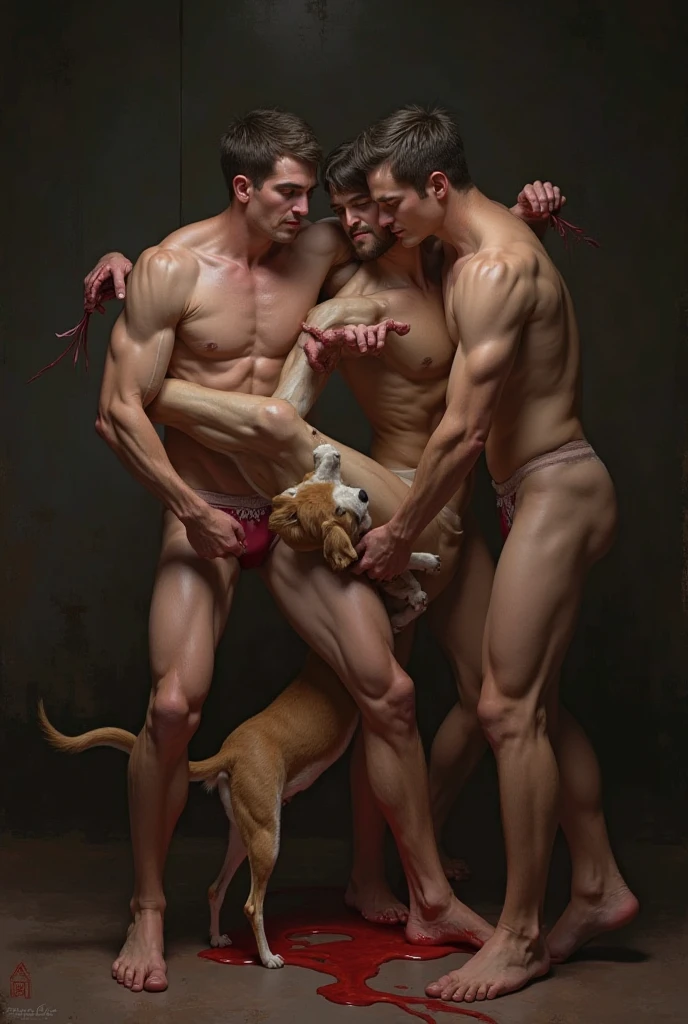 Baroque painting of a completely naked man with a large hairy penis lying on the floor alone with a beer bottle chained to him having anal sex with another man.