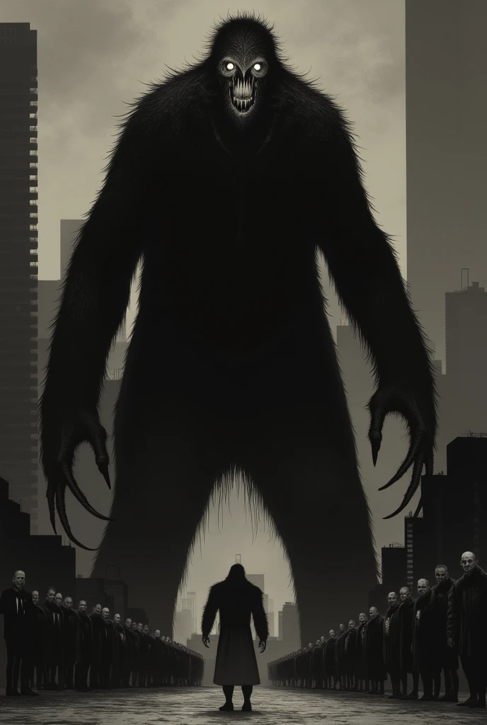 Illustration of a dark giant mutant monster in a city at night, b&w, scale model, full-shot, vintage Japanese style, 1950s film