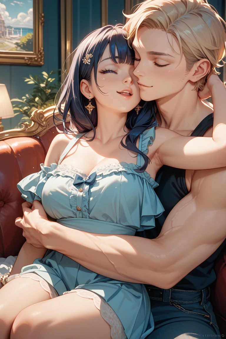 (Colorful adult magazine cover)，(close-up:1.2)，pajamas bare legs， 1 Girl，Take with hand，(Mother and son sex:1.5)，(kiss:1.2)，(A ten year old boy inserts his penis into his mother from behind:1.4)，(hug)，(1boys:1.6)，{Breastfeeding woman, 26 years.},Drunken eyes,Side chest,open on chest,(Sub:1.2),((without sleeves,sensual , Open neckline:1.3)),{tufts of hair，Women's Hairstyle}, (huge breasts:1.2), (areola:1.4)，Ultra thin face, detailed eye, Double eyelid folds，smile，Pervert