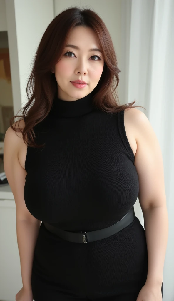 A woman with very large breasts poses for a photo, Chubbyちゃん, chic, tits, Yoshitomo Nara, shikamimi, Chiho, sakimichan, (SFW) Safe at Work, Japanese Goddess, Ayaka cosplay, orange and black, Ayaka, sakimichan hdri、Overweight, Very fat, Chubby,4K, High resolution, masterpiece, Highest quality, Fine skin, Sharp focus, (Cinema Lighting)