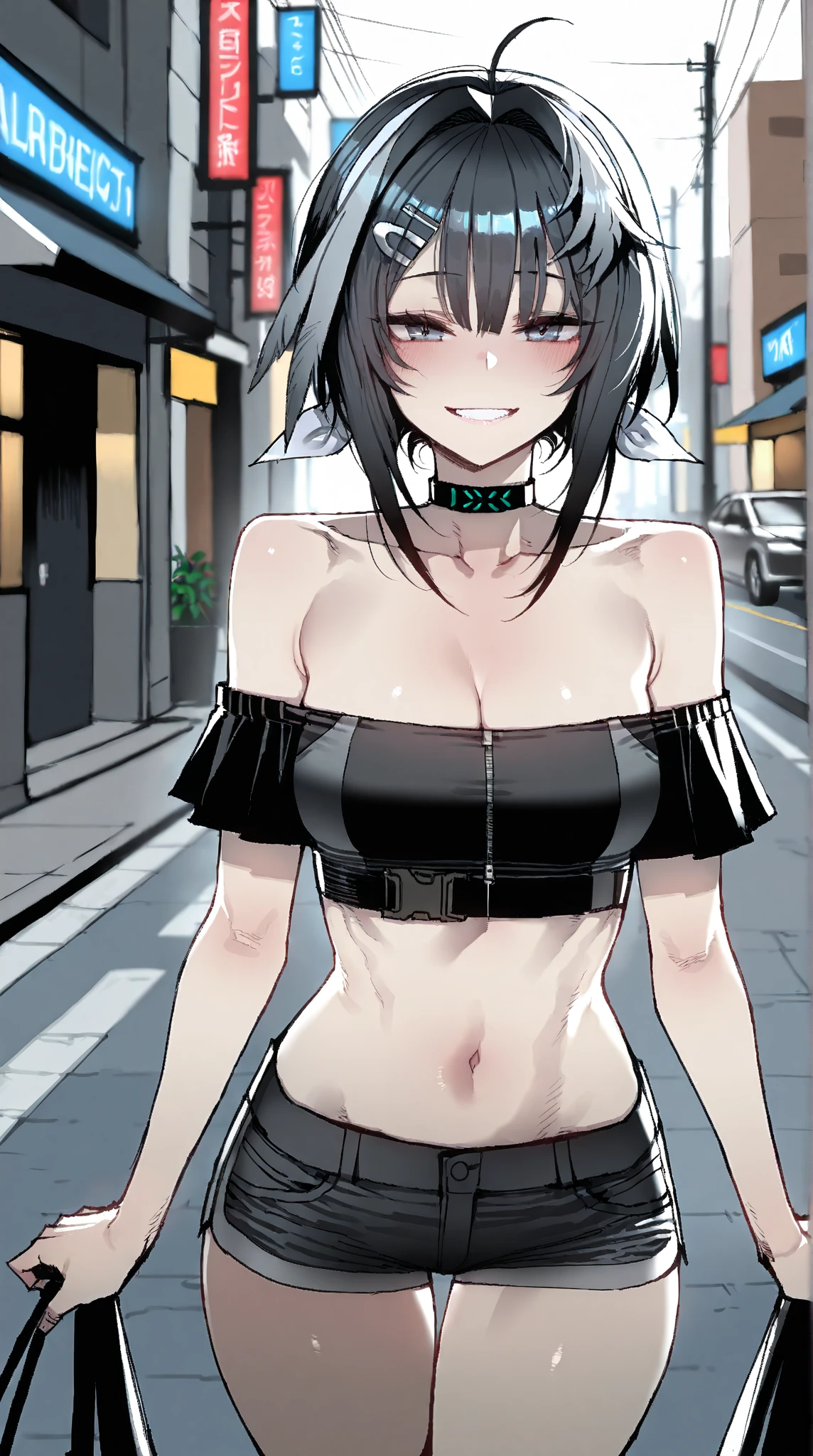 (masterpiece,best quality,highres:1.1),<lora:Jade:0.9>,jadechan,1girl,solo,(medium breasts:1.2),short hair,black hair,(chocker:1.1),(punk clothes:1.1),cowboy shot,charming posing,<lora:add_detail:0.6>,looking at viewer,arms behind head,city,skyscraper,night sky,neon lights,no humans,background,<lora:punk_v0.2:1>,(Gothic,punk:1.1),(orange eyes:0.9),close-up,arn tattoo,