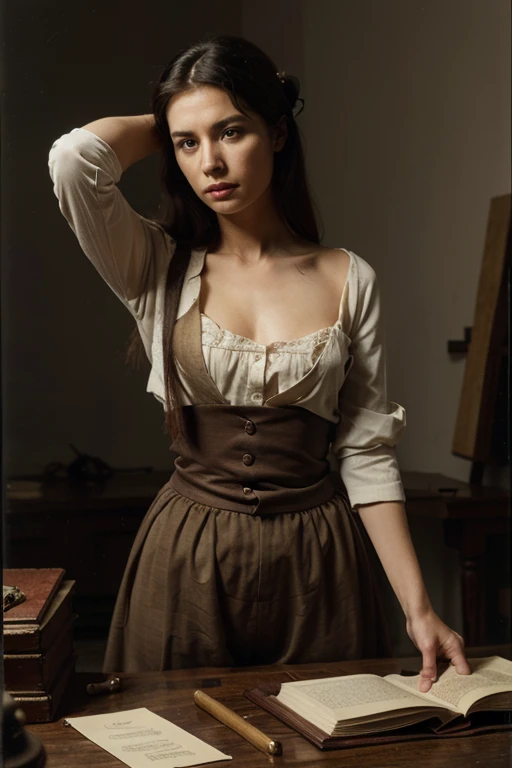 arafed woman , 25 years, in a living room, standing in front off a chair, anna nikonova aka newmilky, sophie mudd, cute young woman, sexy young woman, very beautiful young woman, beautiful soft lighting, beautiful sexy woman photo, young beautiful amouranth, amouranth, seductively looking, middle brown hair, bun, stylish grey jacket, school uniform, big boobs, blue mini skirt, looking at viewer,