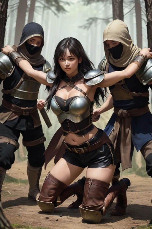Pretty Face、big eye、(masterpiece)、ultra-detailliert、(top-quality:1.0)、 (NSFW)、(Beautie)、 、medieval times、ue、Fantasy、 Skirt、Sword、The woman is Greek、crying how bright、(ropes、noose、tie、bind both hands、Hands behind your back)、(torn armor:1.2)、Holding a spear、holding swords、Multiple Women