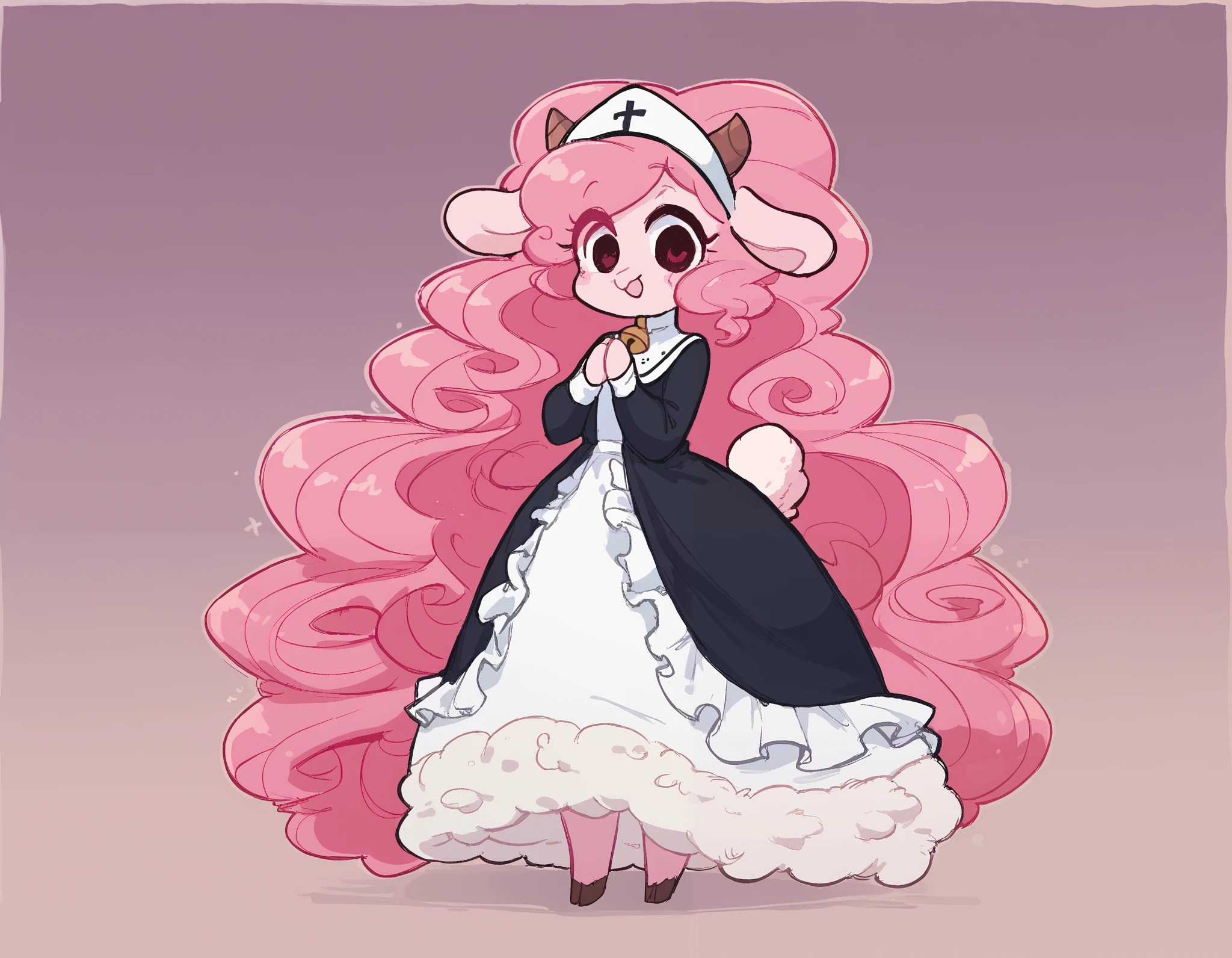 best quality, very detailed illustration , solo, ( Anthropomorphic furry sheep:1,7) , ruffled voluminous bouncy hair , playful look, delgado, ideal body, thin waist , wide hips, simple drawing, Artifyber style , pastel flat colors , beautiful, cartoon ,solo, short curly pink hair, nun outfit, long dress with frills, a smile, fluffy curly tail, sheep ears, bell collar, hooves, ram horns, princess