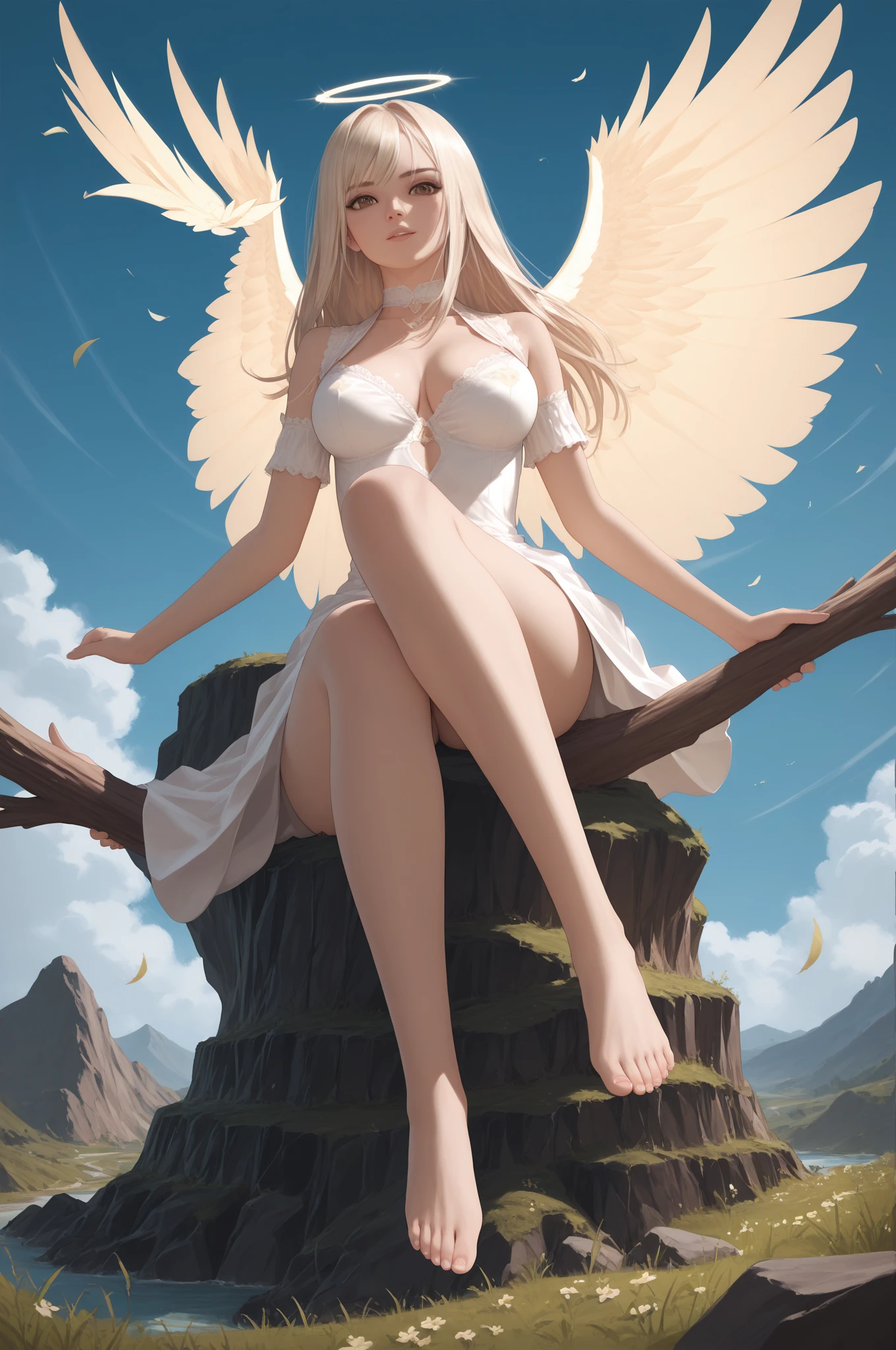 Angel wings, half white and half black, large wings, dangling, 1 female, long legs, lower hemisphere, hip arc, briefs, legs crossed, hands open, beam, shantytown, old residential area, glitter, hug gesture, pretty face, oriental face, outdoor, looking up, low camera, best quality, super fine photo, masterpiece, 8K, UHD, translucent, cool, seductive, fantasy, hyper-realistic, photography level --auto --s2