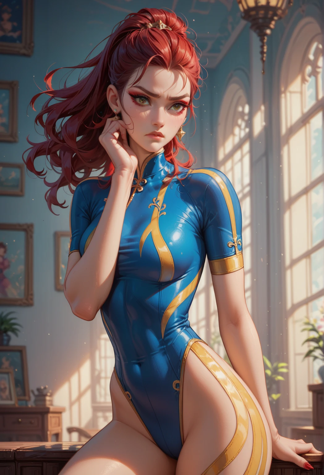 (((Teal Suit))), (((red hair bob haircut))), (((devilish smile))), (((melhor qualidade: 1.4))), (((full metal))), (((DuneWalker))), (((post-apocalypse))), (Unbeatable masterpiece), (hiper HD),(CG 8k hiper-realista), 1Garota armada em um mundo futurista usando roupas coloridas e modernas. Corte de cabelo ultra moderno, perfect body with robotic parts, seios grandes, bunda perfeita, muscles without exaggeration, rosto lindo com olhos azuis penetrantes, add textures to clothes and create something different from the usual, add accessories like garter belt, espartilho e luvas com listras, pele bronzeada e com brilho de molhado, industrial environment with giant heavy machines, Intricate machinery and giant robot parts