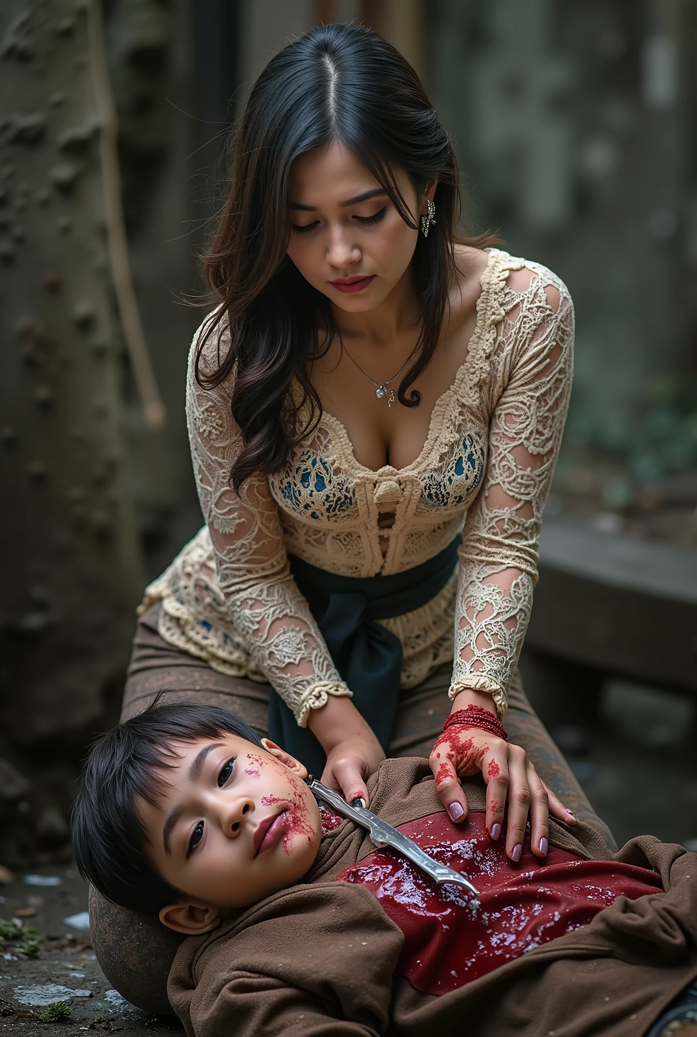 Realistic, A Very beautiful woman, cut throat a boy, boy full face mask close, neck bloody splash, neck slashed, boy dead, woman knife, woman very thick hair, woman kill boy, boy hoodie