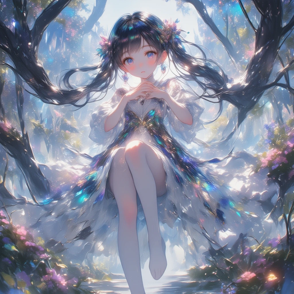In the enchanting Garden of Crystal Gems, nestled upon a steep mountain slope, vibrant crystal blooms flourish, illuminating the landscape with their ethereal radiance. Each crystal bloom resembles a delicate flower, shimmering in various hues, casting a magical glow across the garden. The camera angle captures the garden from a bird's-eye view, showcasing the breathtaking expanse of the crystal blooms cascading down the mountain slope. The lighting bathes the scene in a soft, diffused glow, accentuating the translucency and brilliance of the crystal petals. Sunlight filters through the surrounding foliage, creating dappled patterns of light and shadow. The render style emphasizes the intricate details of the crystal blooms, revealing their faceted surfaces and capturing the way they catch and reflect light. Every petal, every facet, and every glimmering crystal formation comes alive, transporting viewers to a world where nature and precious gems coexist in perfect harmony.