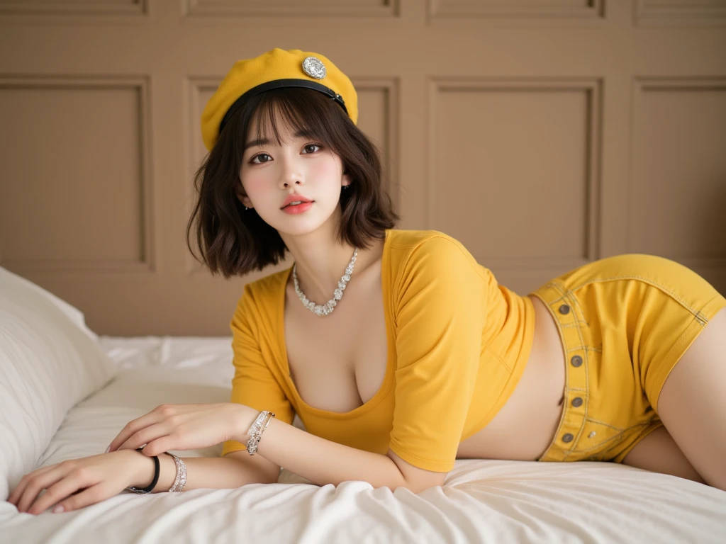 1 girl,alone,DQ4-Arena,Upper body,black pantyhose,blue cloak,blue hat,boots,curly hair,earrings,long hair,orange gloves,orange hair,red eyes,No sleeve,yellow dress,yellow skirt,dynamic pose,small breasts,(shiny,shiny dress:1.1)jumping,V-shaped eyebrows,nice weather in the forest, (masterpiece), (highest quality), (super detailed), intricate detailasterpiece), (highest quality), (super detailed), intricate details,、(((Voluminous breasts 1.9))) 、 (micro bikini 1.4)、(Saggy breasts 1.4), (cleavage 1.5)、Seductive pose、Sitting with Knees Up on sofa at living, spread legs