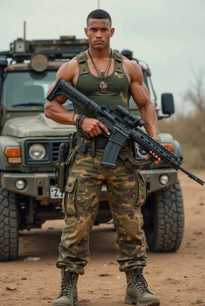 (1men:1.5), inside desert camouflage colored tent, (standing at attention), macho muscular handsome Hispanic hunk (age 25), brunette hair, (buzz cut hair), hazel eyes, powerful pecs, big biceps, (sweaty chest), sexysoldier, camouflage pants, (dog tags), boots