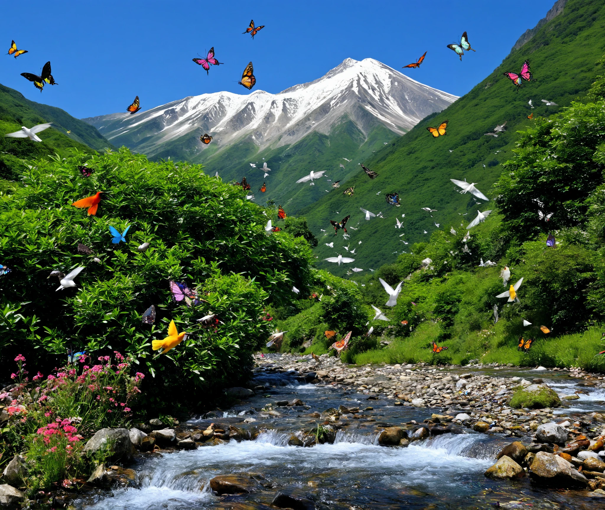 You can see a beautiful blue sky on a mountain made of jewels、The birds and butterflies are colorful and beautiful, and there is also a mountain stream under the mountain, and the view is spectacular