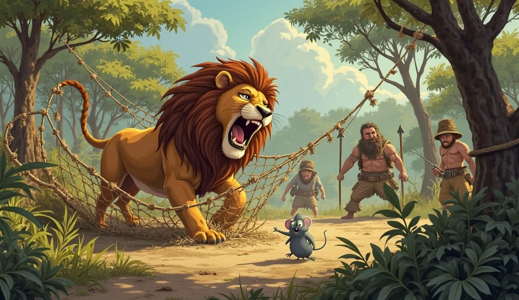 Lion being caught in a tangle of trap ropes by hunters animated image