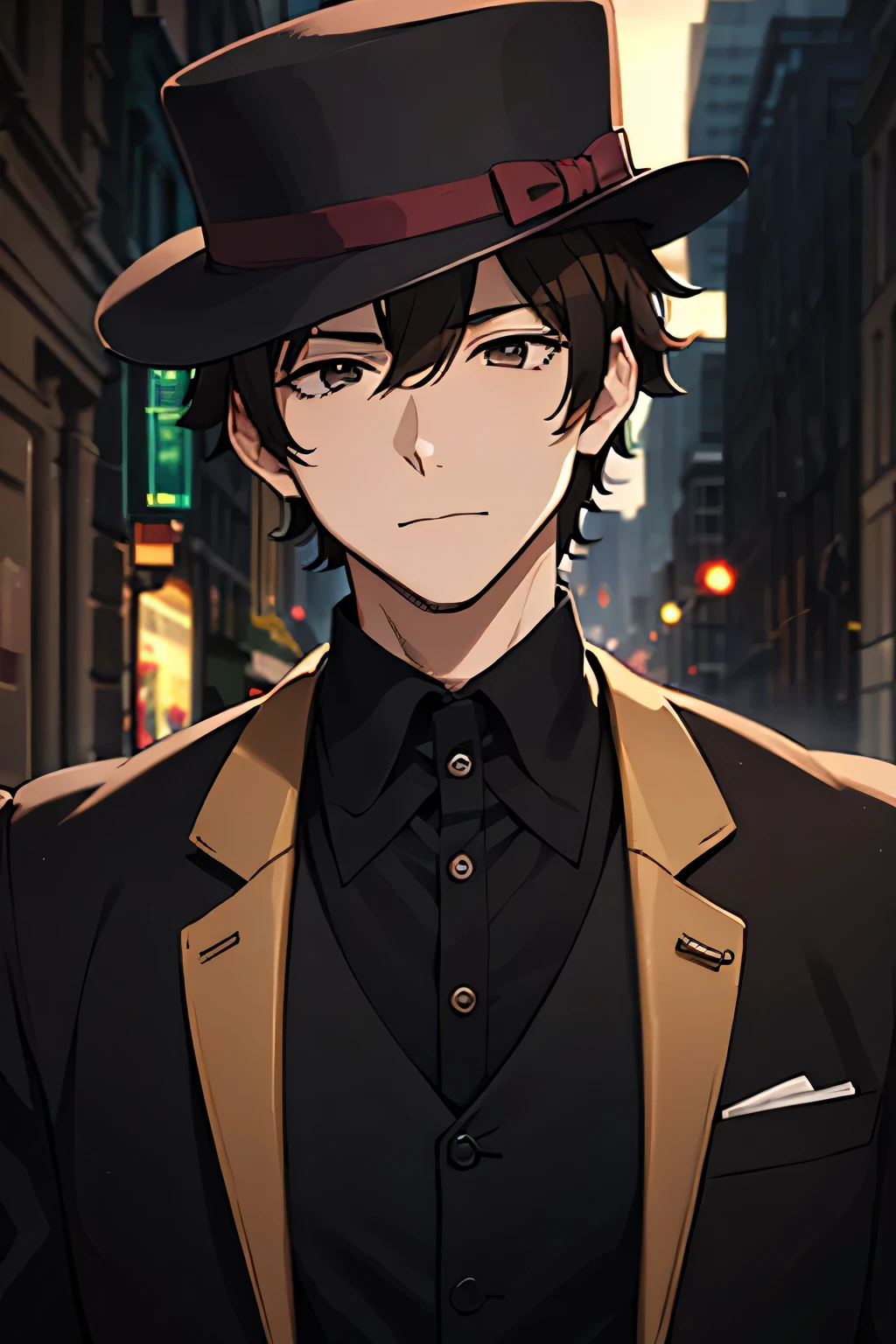 24 year old man, tall and thin body, a criminal, brown hair, black eyes, wearing bowler hat, wearing a formal vest, facing forward, looking ahead, hd, half body