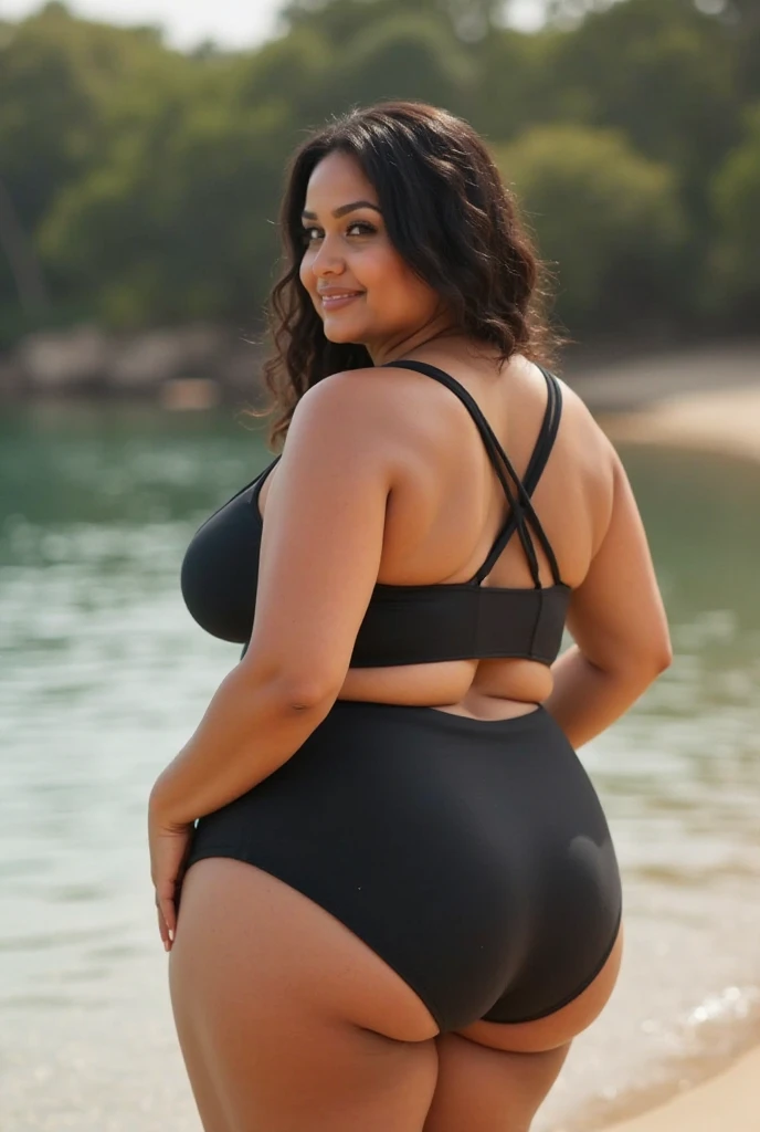 Indian gorgeous curvy plus size actress madhubala, glowing eyes, wearing SHEIN Swim Oasis Summer Beach Plus Tie Shoulder One Piece Swimsuit & Beach Skirt , covered Bust, parted lips, thick thighs, bigger waist, busty, curvy plus size body, full body, full body shot, head to toe view, hourglass body, curvy plus size body, smile face, bigger waist, busty, big hips, fleshy thighs, thick thighs, busty, full body view, Angkor Wat, Cambodia: Ancient temple complex surrounded by lush jungle.