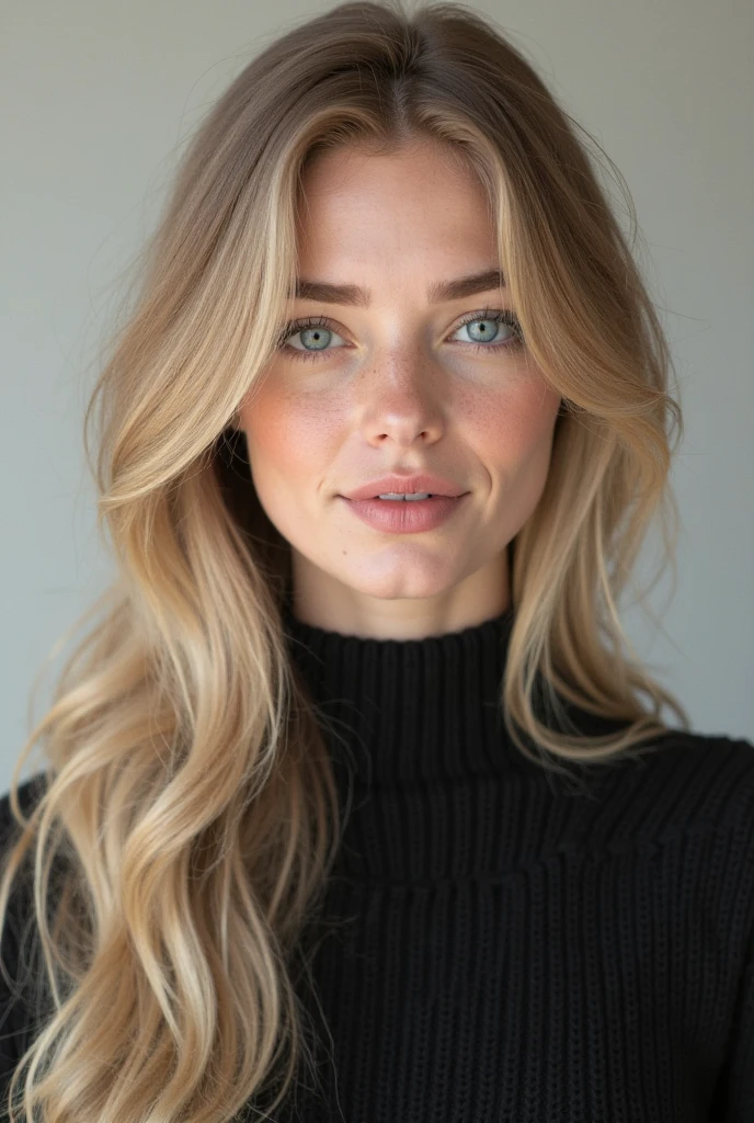 photo of Breckie Hill, best quality, she is wearing a black sweater, soft lighting, gorgeous, blonde woman, latina