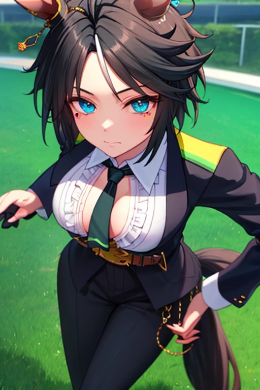NSFW, ((highest quality)), (High resolution), Fuji Kiseki \(umamusume\), 1 girl, (Front view), big breasts, horse tail, blush your nose, enchanting smile, white dress shirt, open front shirt, cleavage, showing nipples under white shirt, black jacket, black tie, belt, black pants, gloves, running, playground, motion blur